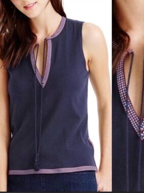 J.Crew Navy Sleeveless Top Embroidered Split Neck Tassel Blouse Size L